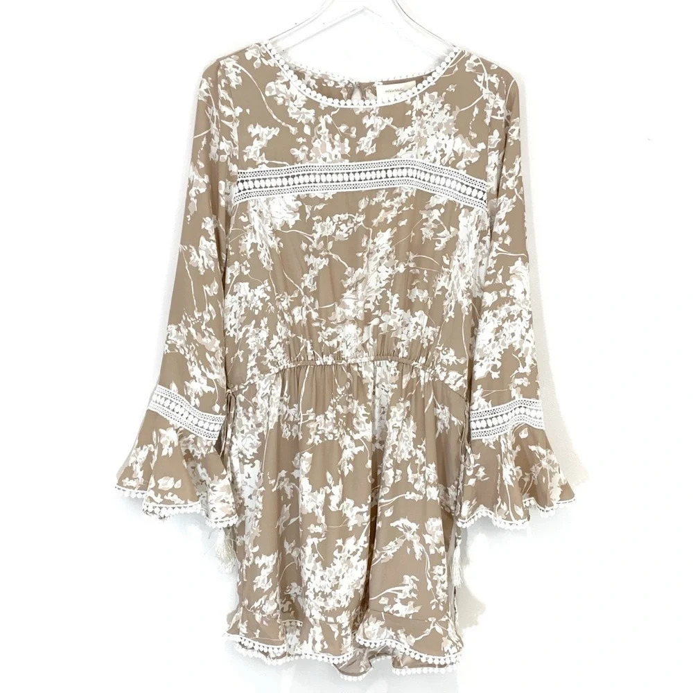 Accuracy A La Plage 100% Silk Floral Tan Dress Large NWT